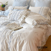 Embroidered French Lace Ruffle Bedding Set - Blue